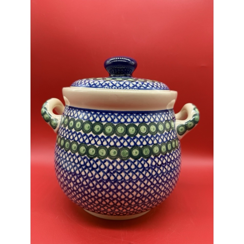 Polish Pottery Container 9.5" Tall W/ Lid &handle Boleslawic Peacock Pattern